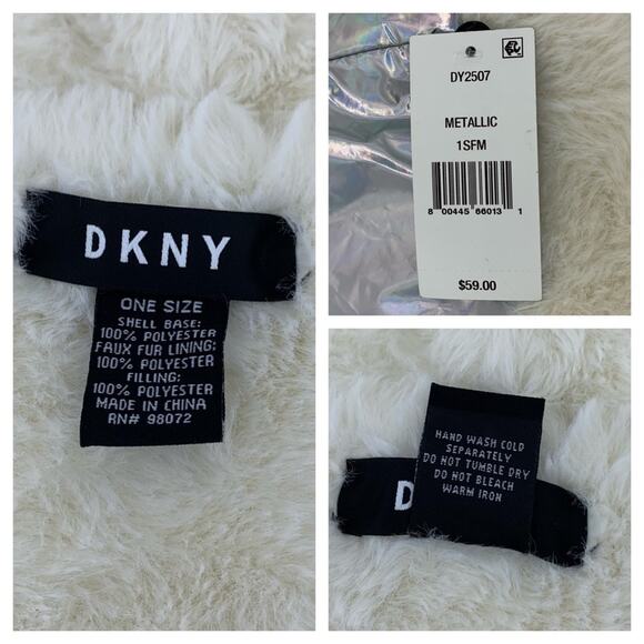 DKNY Logo Detached Puffer Hood Iridescent Metallic Shell + Faux Fur Lined Hat - Picture 11 of 15